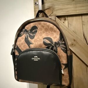 Coach Bow Print Court Backpack Signature Canvas Black Leather